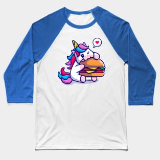 Cute Unicorn Eating Burger Cartoon Baseball T-Shirt